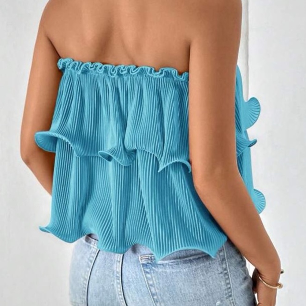 Aqua Blue Ribbed Flowy Tube Top Strapless Top Ruffles - Picture 2 of 2